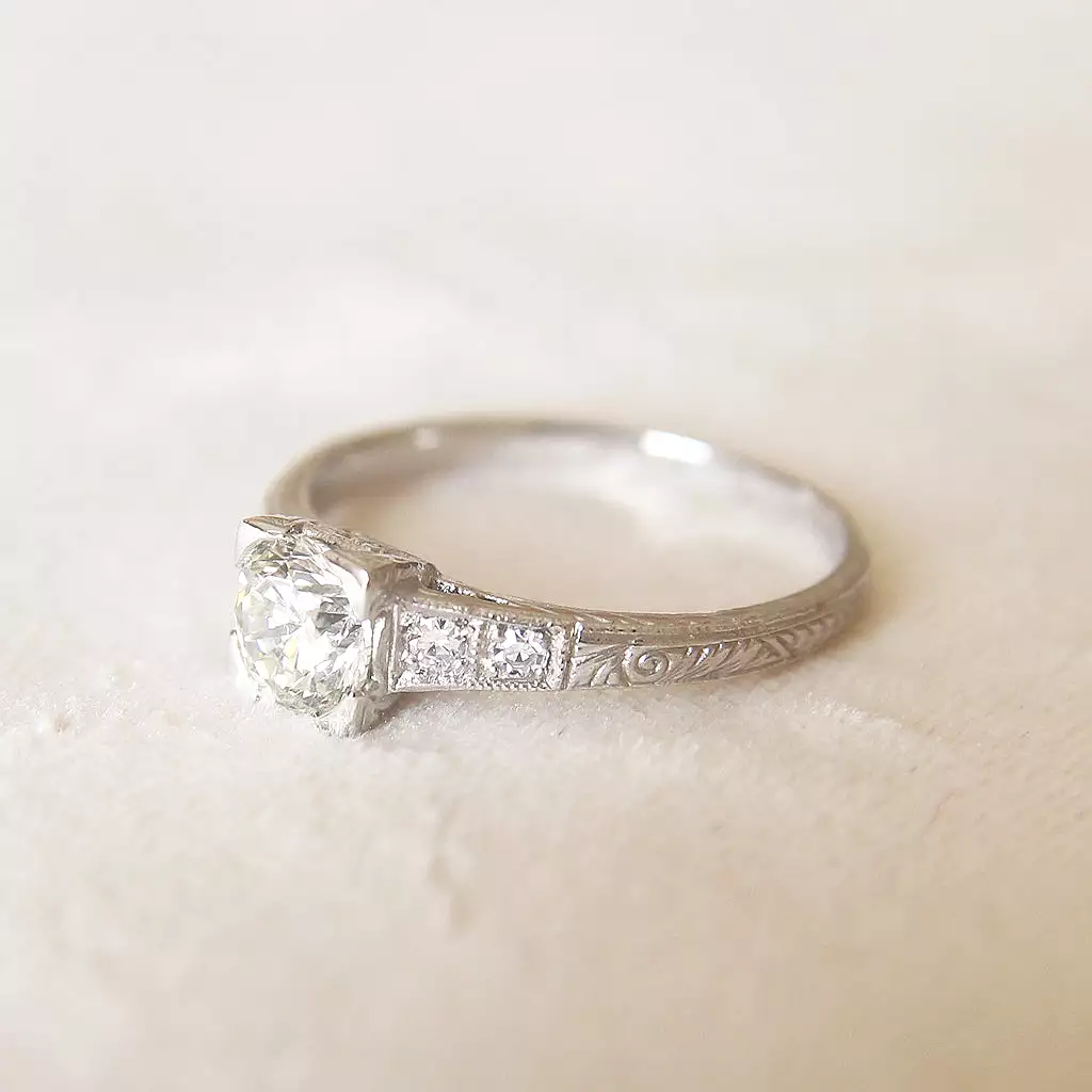 Art Deco 0.70 Carat Brilliant Cut Diamond Engraved Solitaire