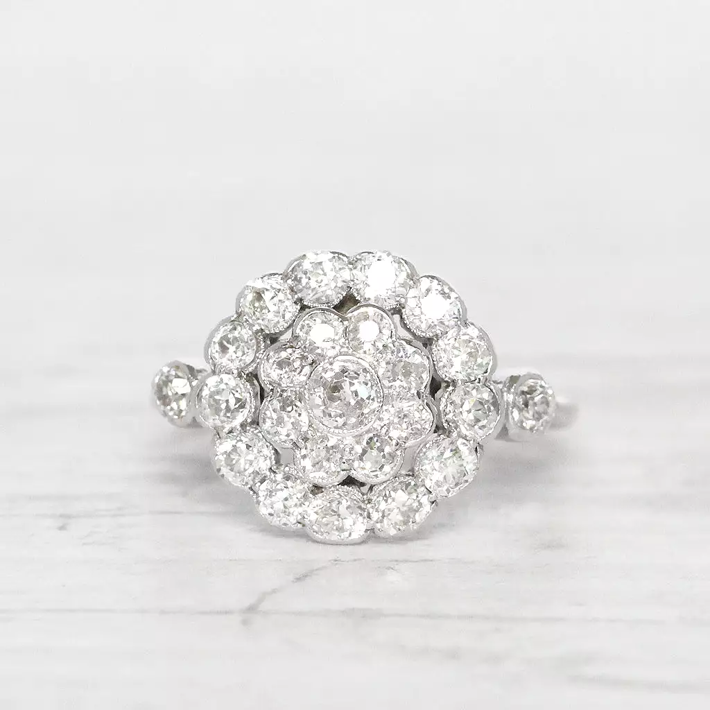 Art Deco 1 Carat Old Cut Diamond Double Row Cluster