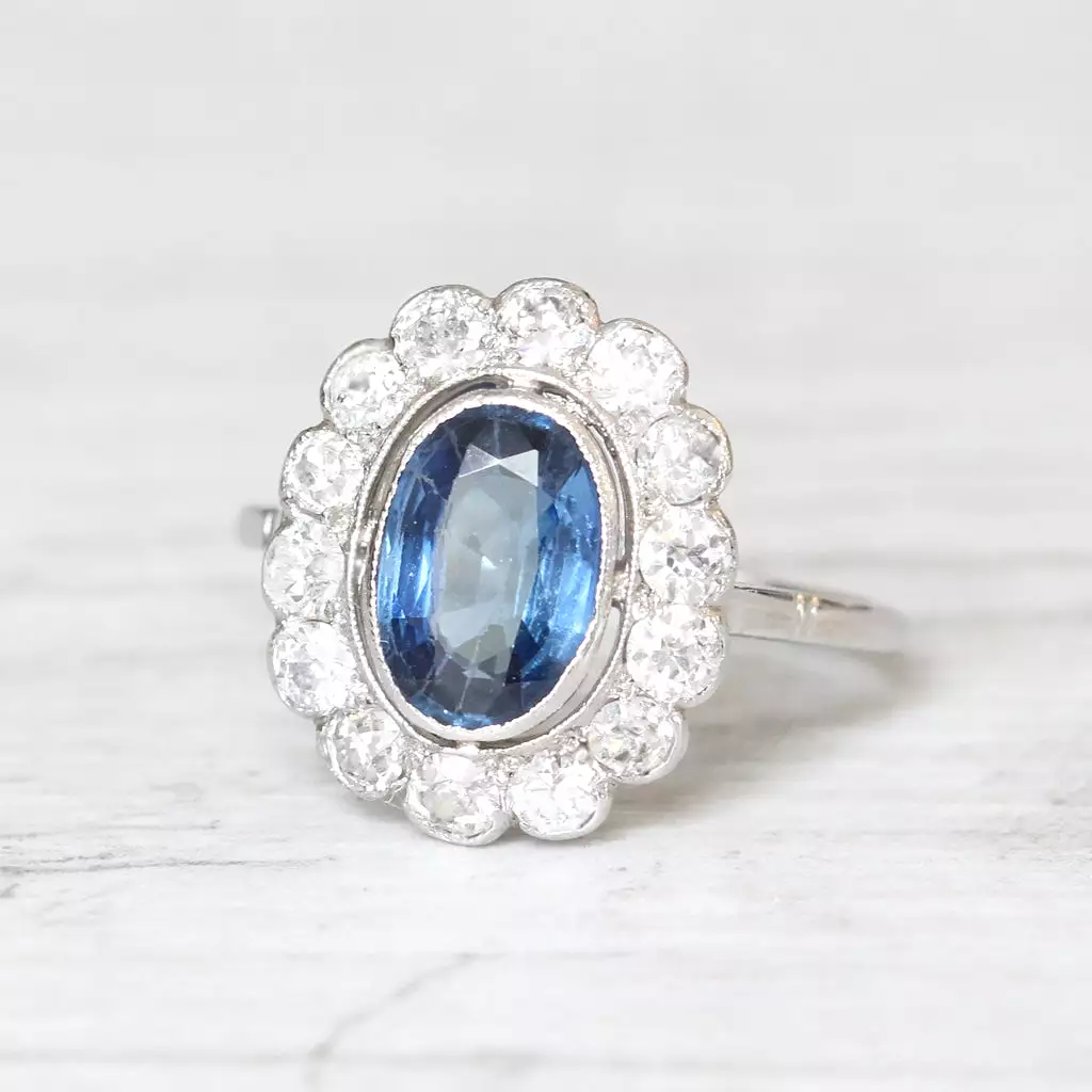 Art Deco 1.35 Carat Verneuil Sapphire and Old Cut Diamond Cluster