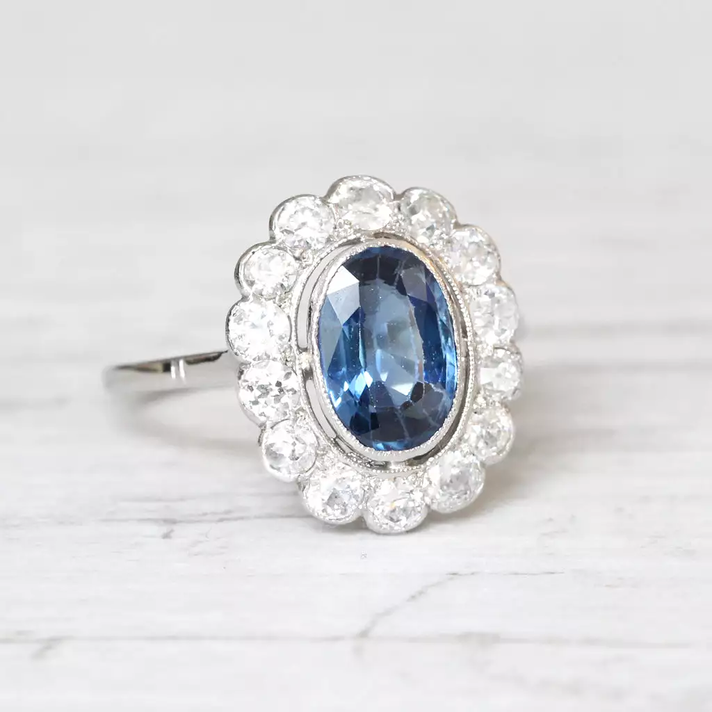 Art Deco 1.35 Carat Verneuil Sapphire and Old Cut Diamond Cluster