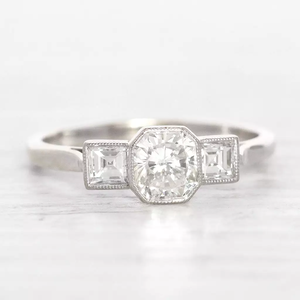 Art Deco Style 1.25 Carat Radiant and Carré Cut Diamond Three Stone