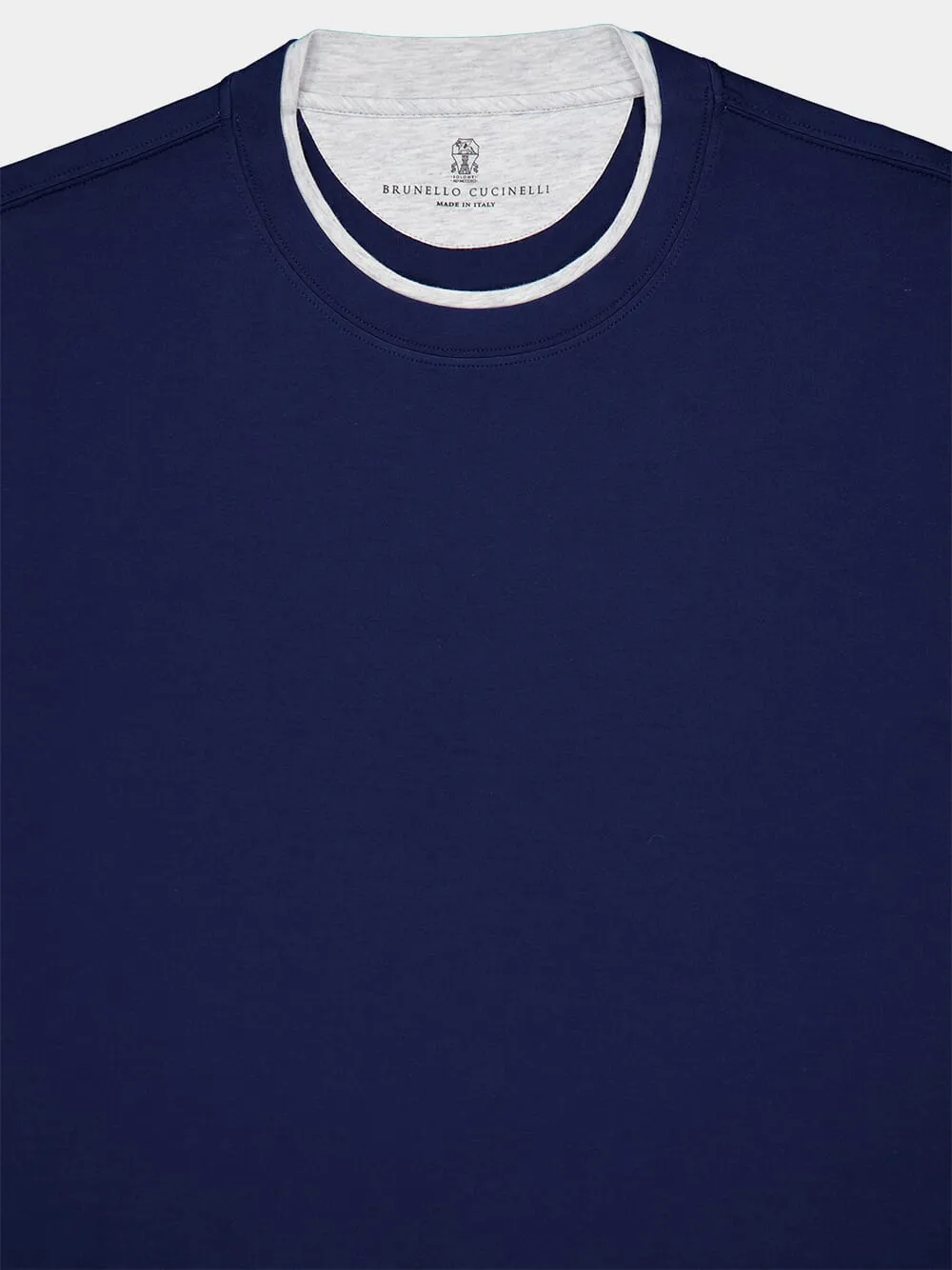 Blue Cotton Jersey T-Shirt with Faux-Layering