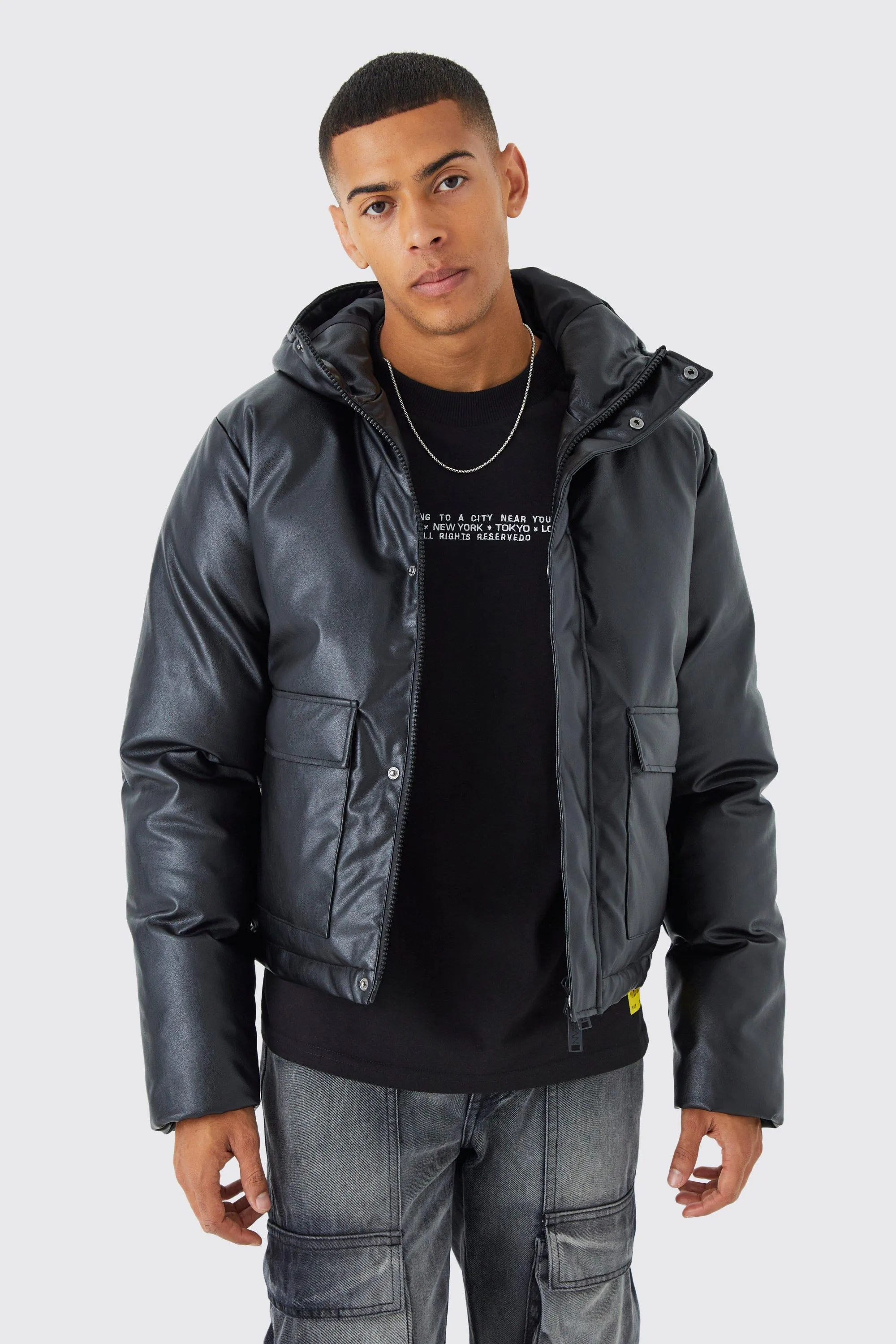 Boxy Pu Hooded Puffer With Pockets | boohooMAN UK