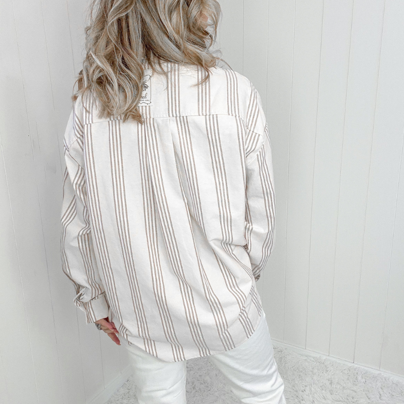 Boyfriend Beige Striped Button Down Long Sleeve Shirt