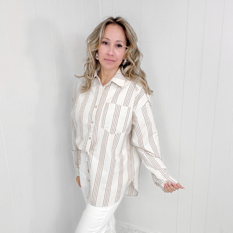 Boyfriend Beige Striped Button Down Long Sleeve Shirt