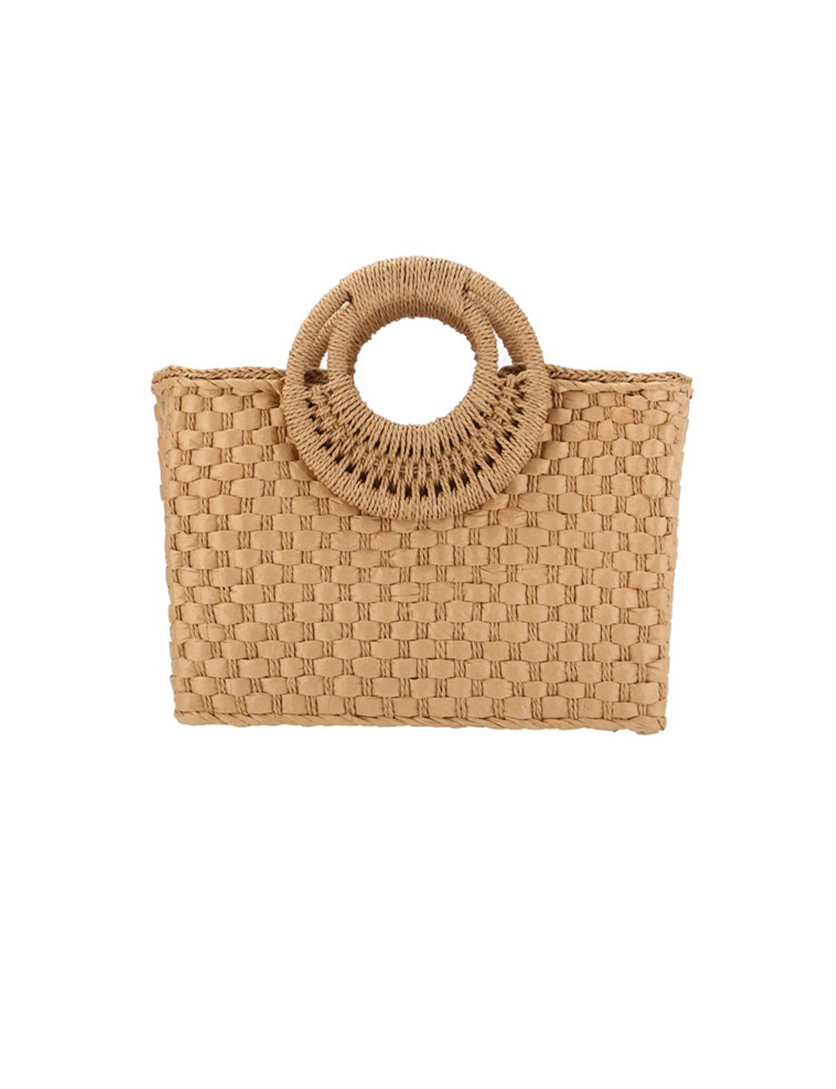 Circle Handle Square Straw Braided Bag, Khaki