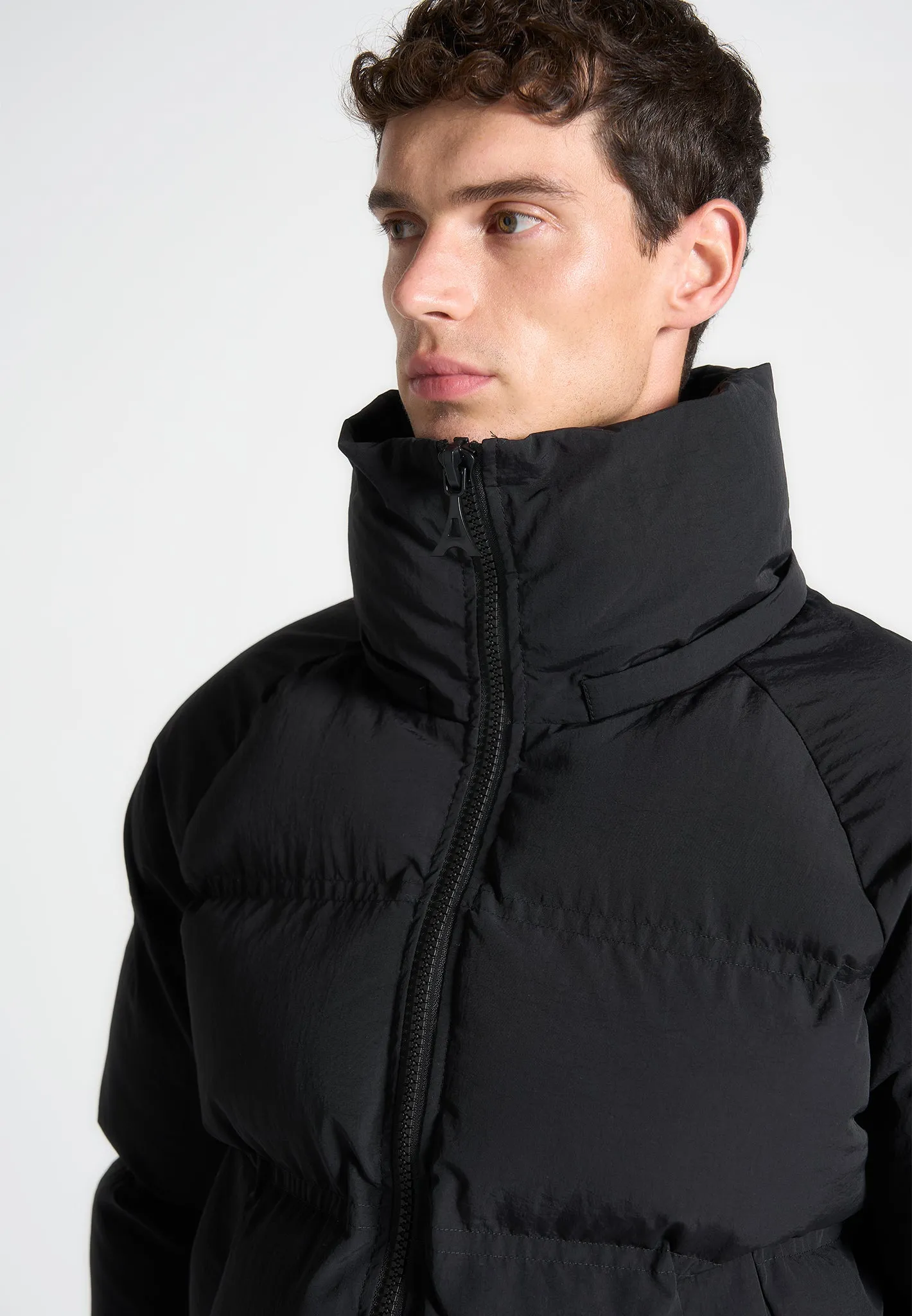 Cropped Raglan Wrap Neck Puffer Jacket - Black