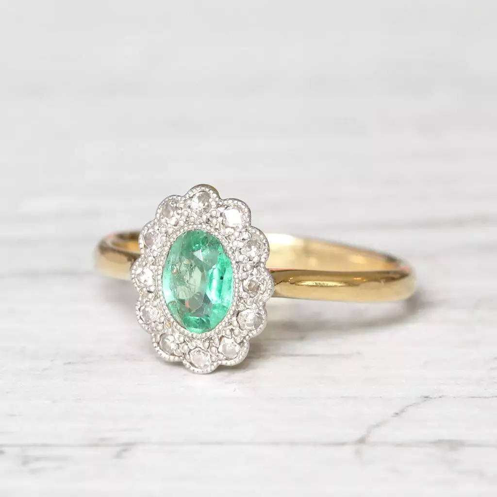 Edwardian Emerald and Single Cut Diamond Cluster