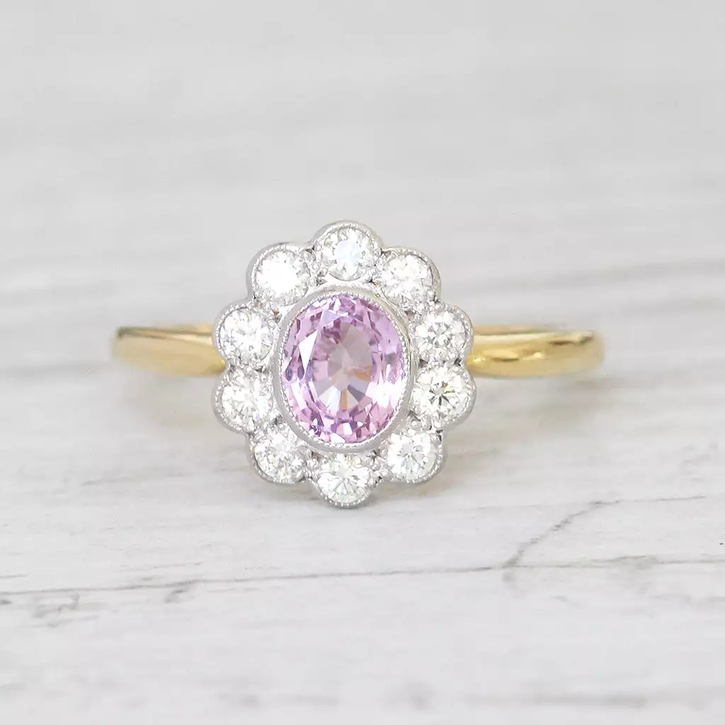 Edwardian Stye 0.85 Carat Pink Sapphire and Diamond Cluster