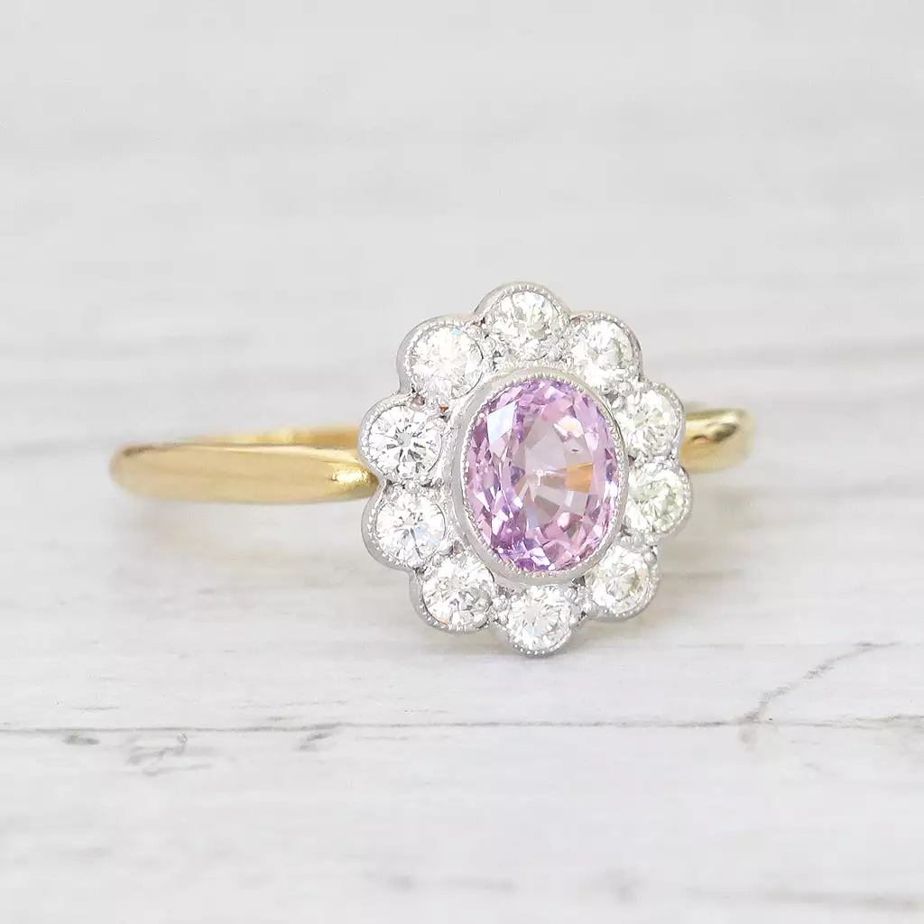 Edwardian Stye 0.85 Carat Pink Sapphire and Diamond Cluster