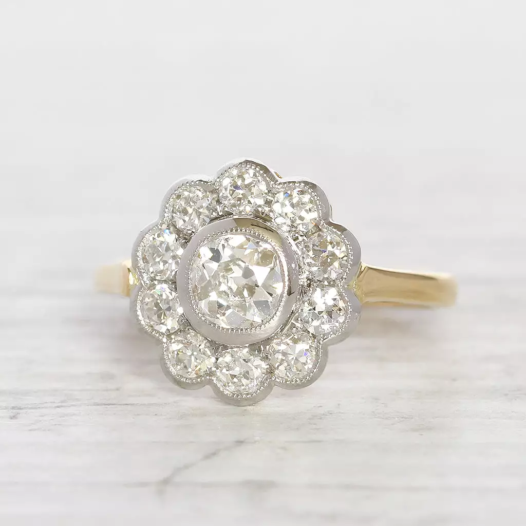 Edwardian Style 1.44 Carat Old Mine and European Cut Diamond Daisy Cluster