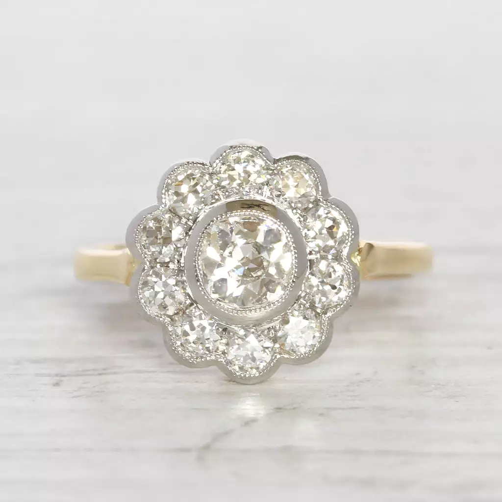 Edwardian Style 1.44 Carat Old Mine and European Cut Diamond Daisy Cluster