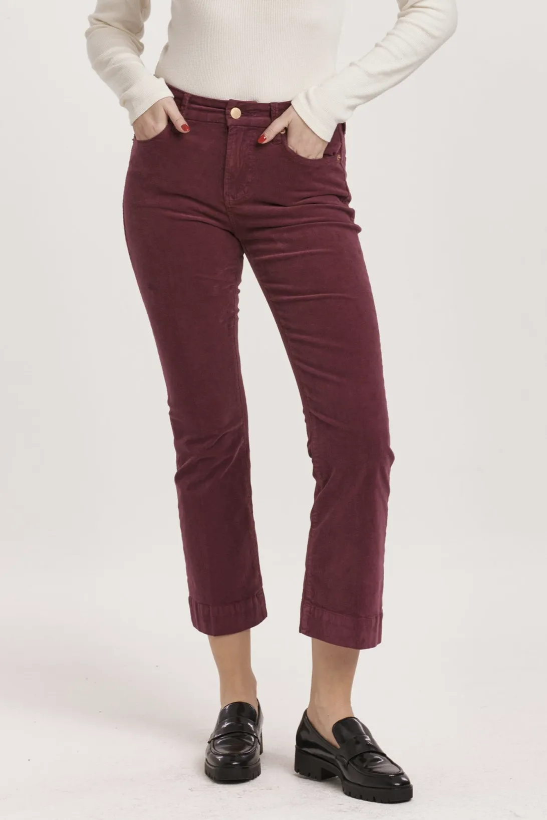 JEANNE MID RISE CROPPED FLARE PANTS PLUM BERRY 24