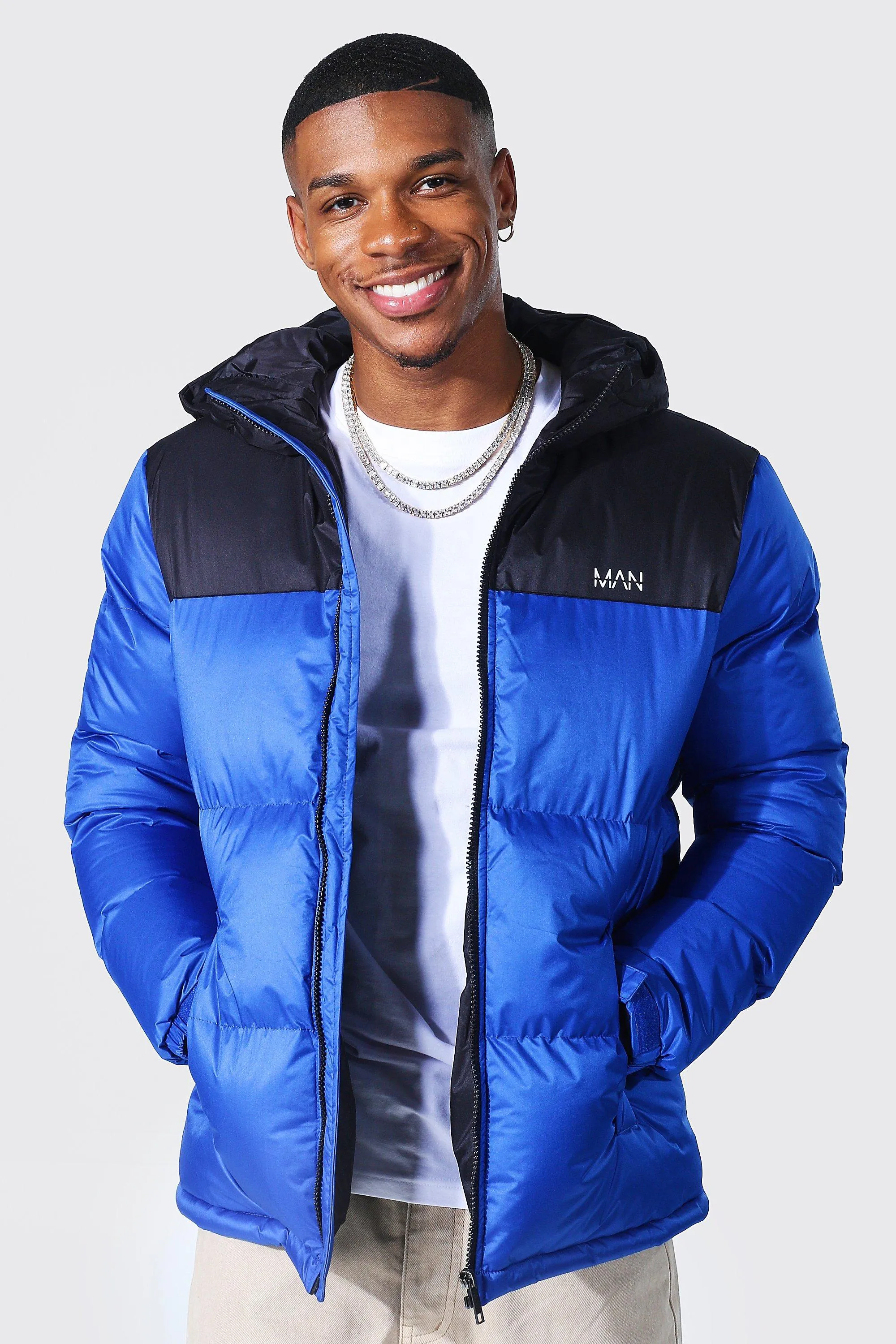 Man Dash Colour Block Hooded Puffer | boohooMAN UK