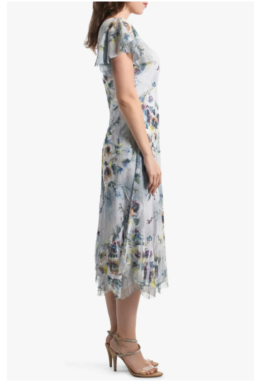 Misty Jade Floral Chiffon & Charmeuse A-Line Dress