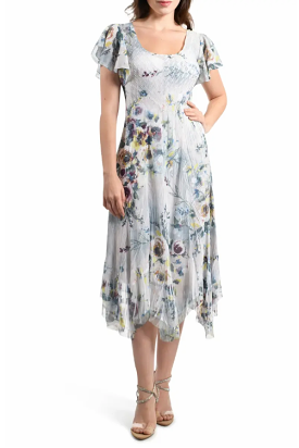 Misty Jade Floral Chiffon & Charmeuse A-Line Dress