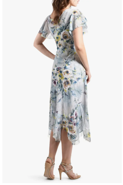 Misty Jade Floral Chiffon & Charmeuse A-Line Dress