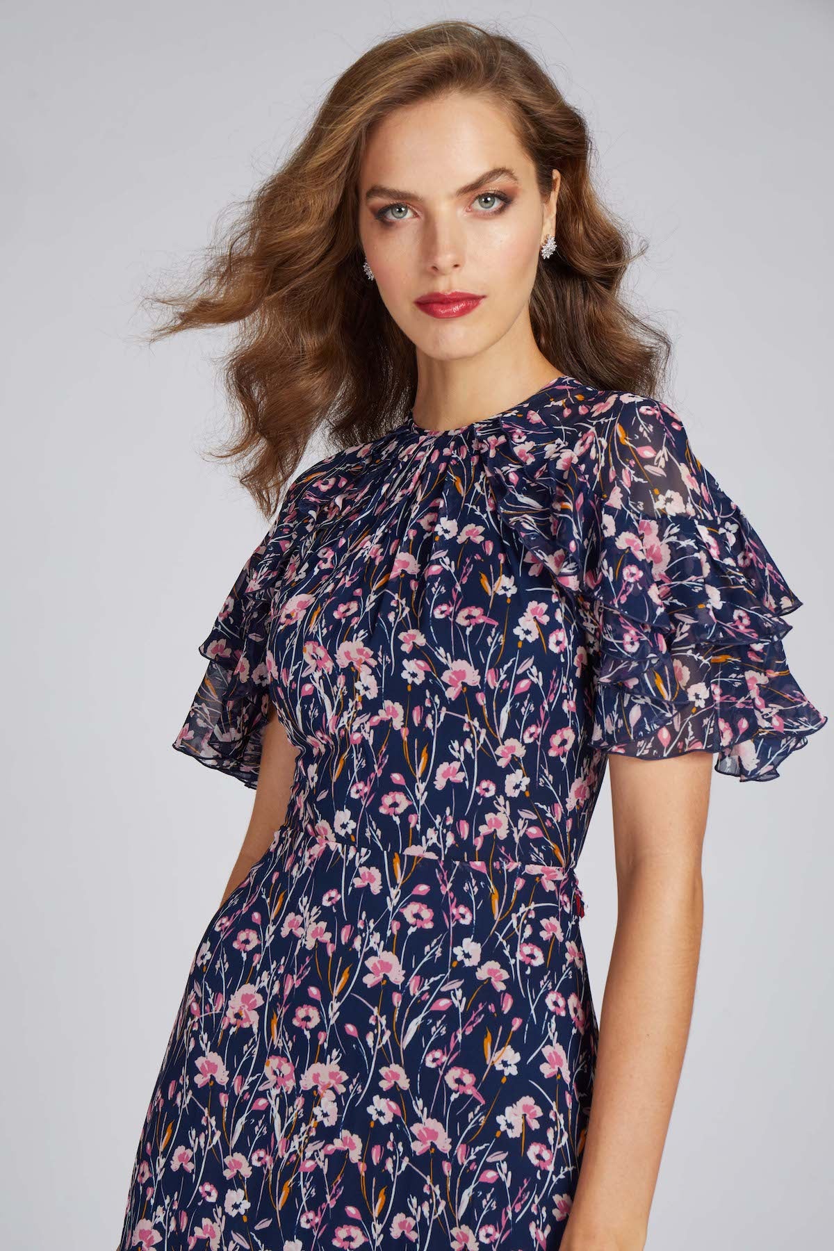 Navy Floral Ruffle Sleeve Chiffon Dress