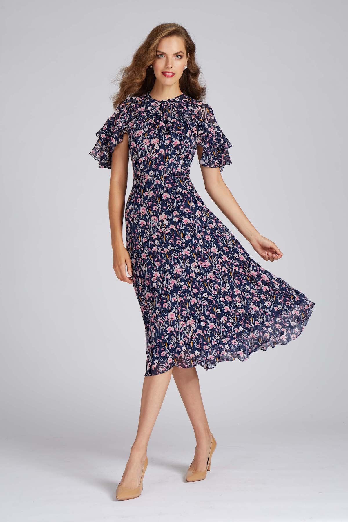 Navy Floral Ruffle Sleeve Chiffon Dress