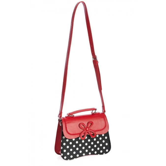 Red, Black and White Polka Dot Handbag with Flower Applique Detail