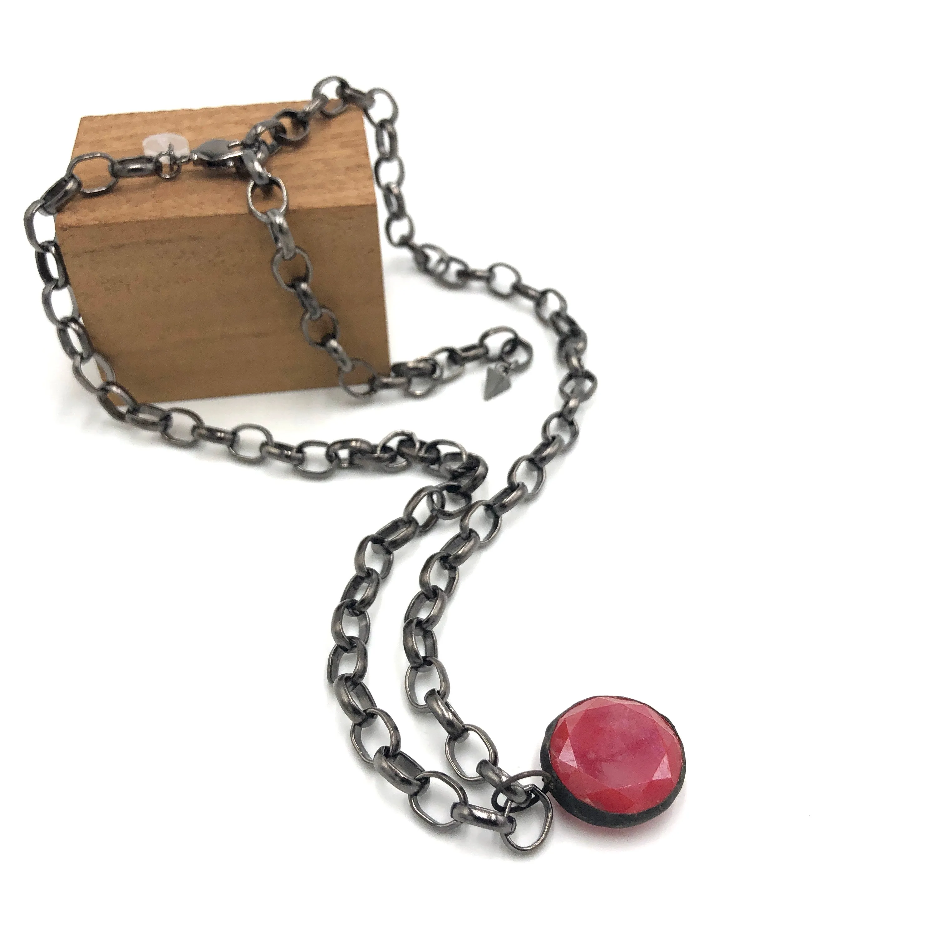 Ruby Luster Facet & Gun Metal Layering Necklace - 22mm pendant