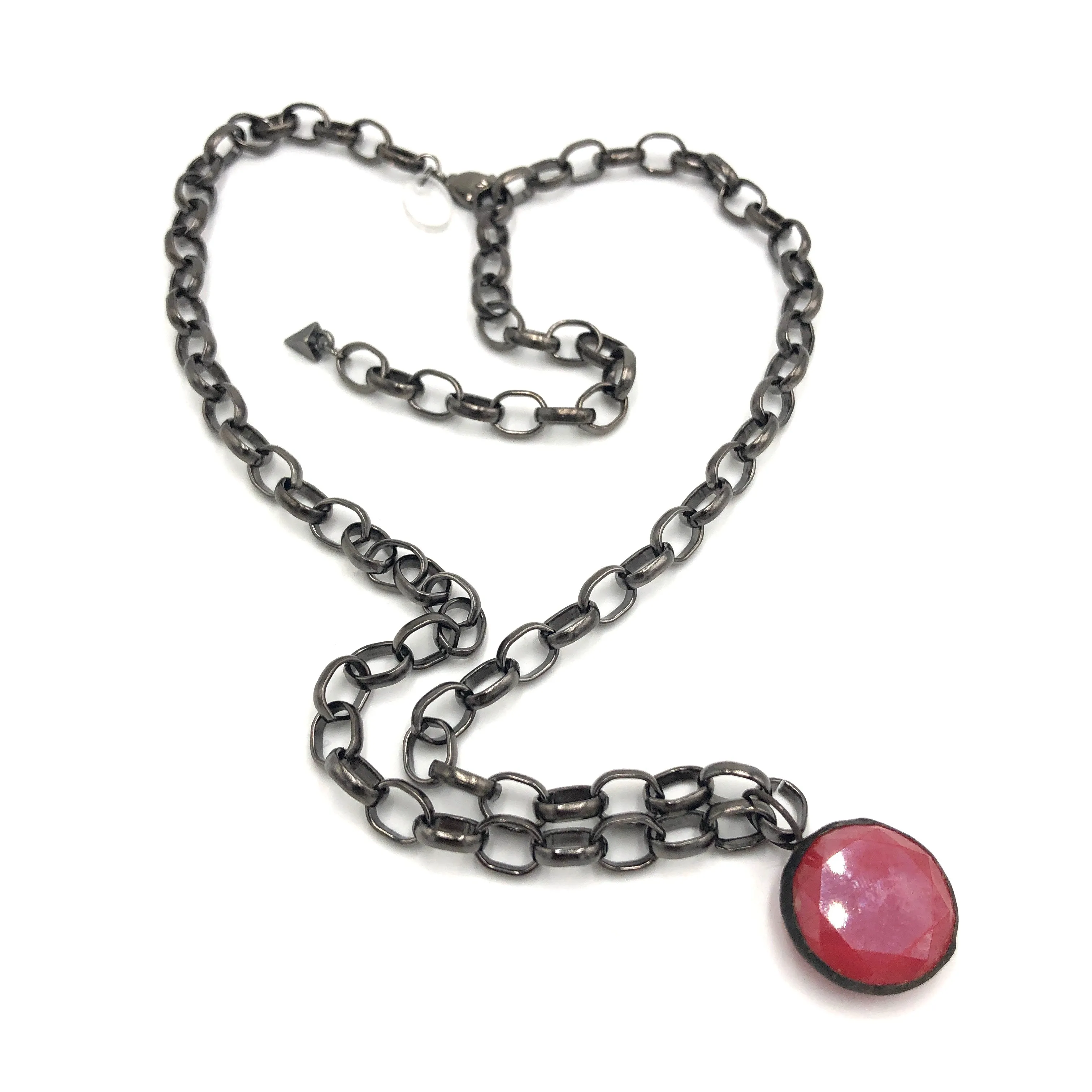 Ruby Luster Facet & Gun Metal Layering Necklace - 22mm pendant