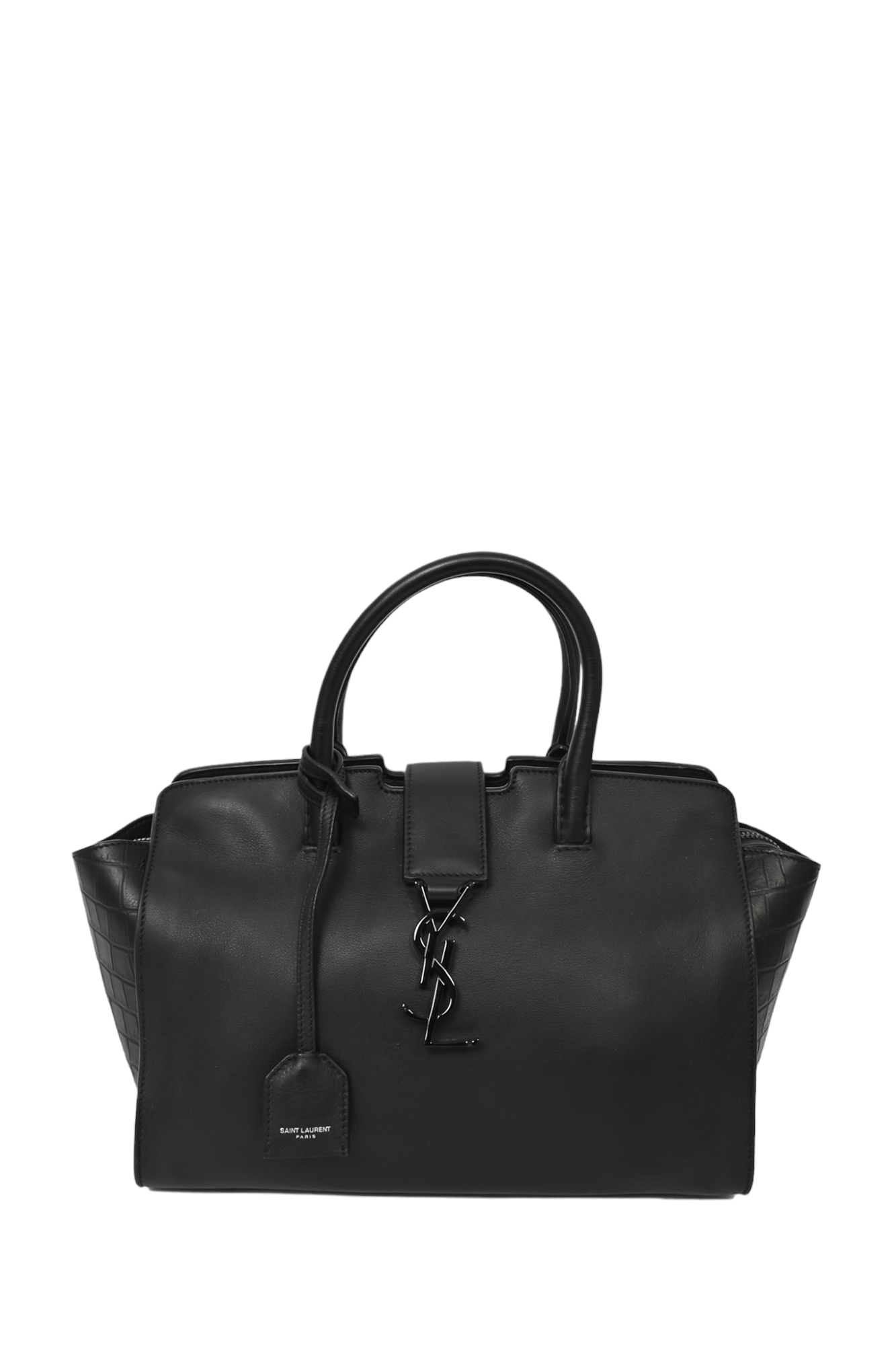 Saint Laurent Black Embossed Trim Leather Downtown Baby Cabas Tote with Strap