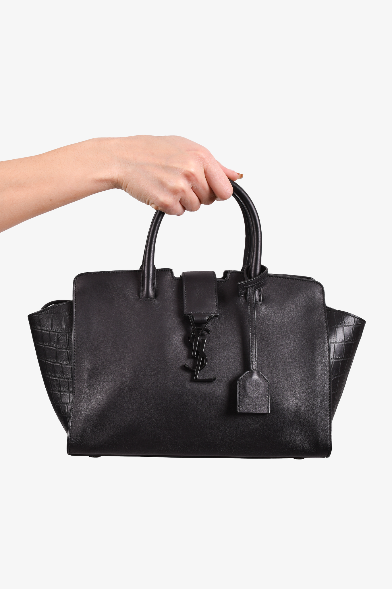 Saint Laurent Black Embossed Trim Leather Downtown Baby Cabas Tote with Strap