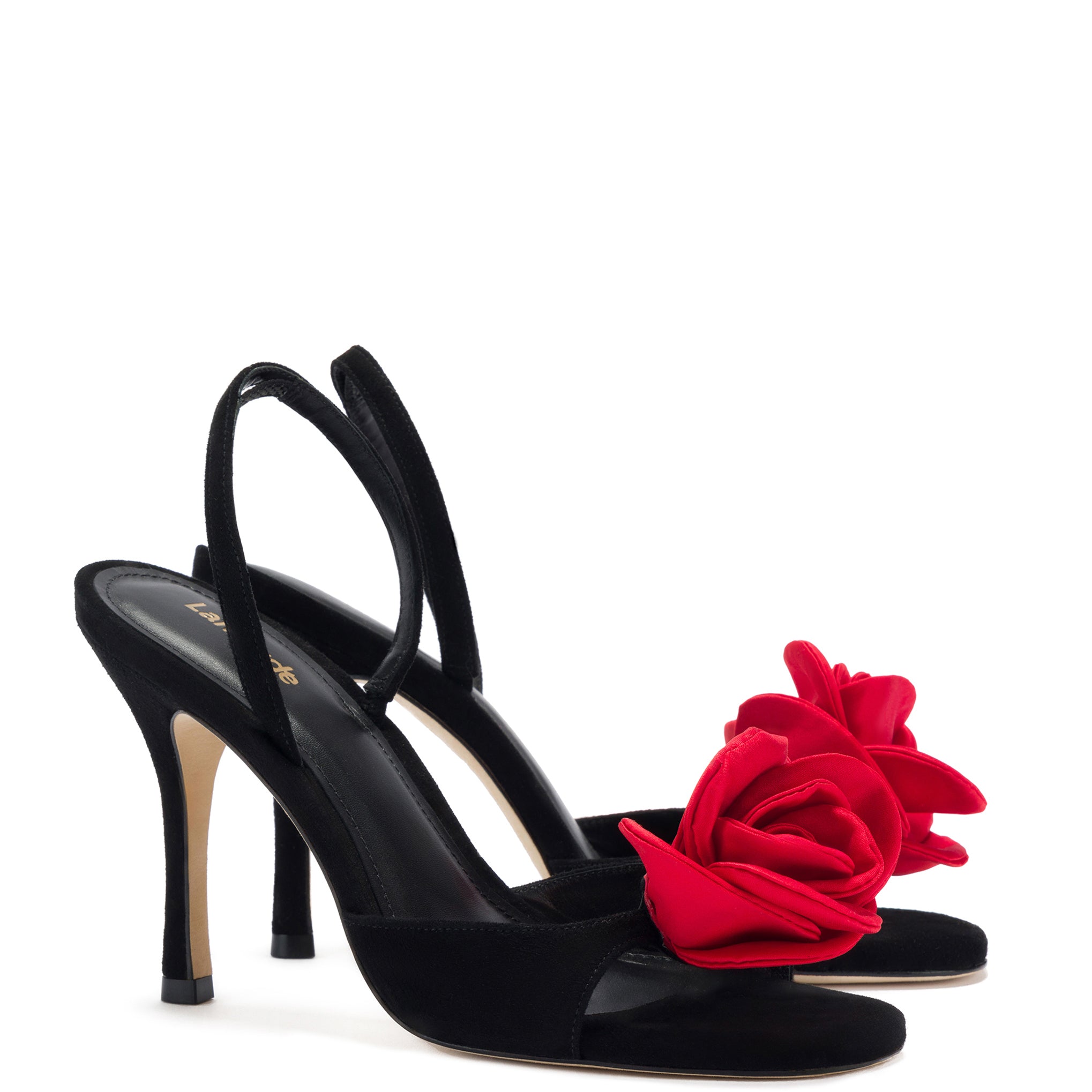 Salma Sandal In Black Suede and Scarlet Satin