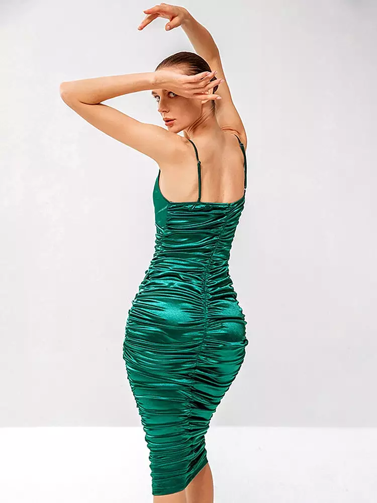 Sexy Backless Green Spaghetti Strap Midi Dress Women Chic V Neck Sleeveless Pleated Dresses Female Casual Party Club Vestidos