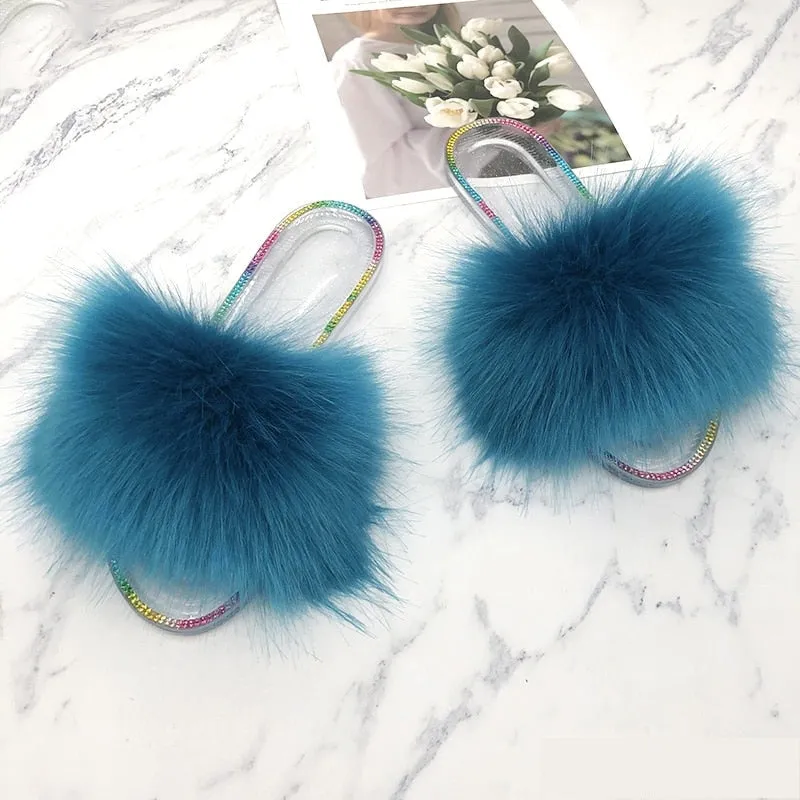 Summer Casual Royal Blue Synthetic Fur Crystal House Slippers for Women