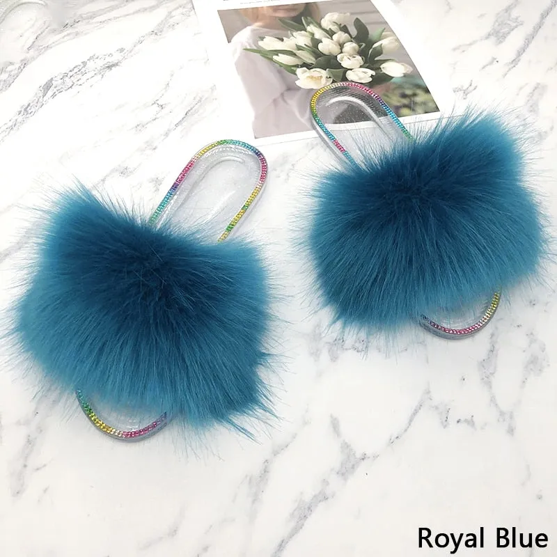 Summer Casual Royal Blue Synthetic Fur Crystal House Slippers for Women