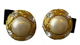 Vintage Chanel Clip on Gold Pearl Crystal Round Earrings