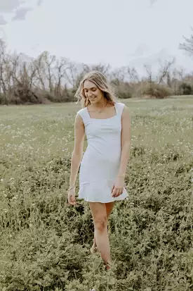 White Fitted Ruffle Hem Dress