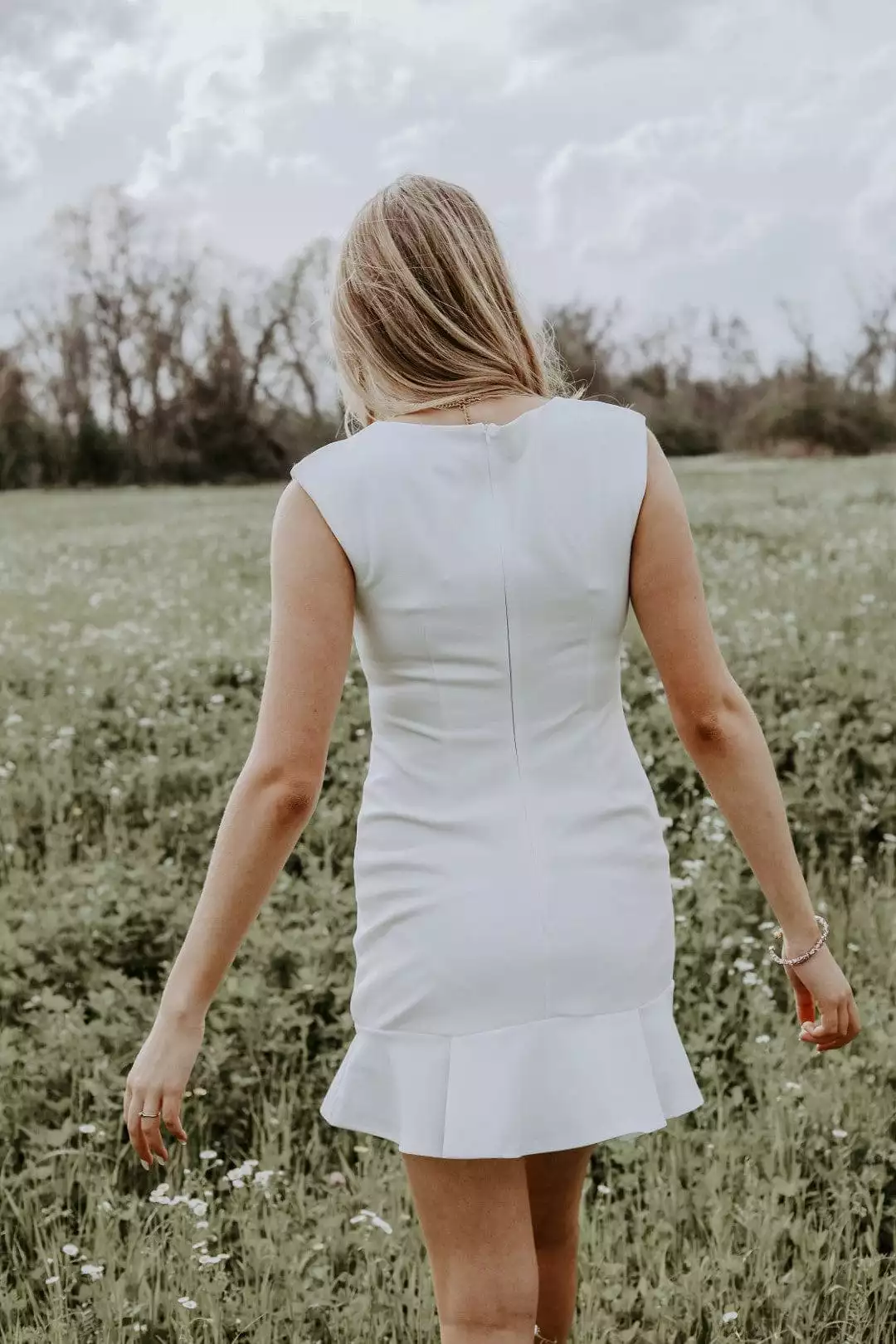 White Fitted Ruffle Hem Dress