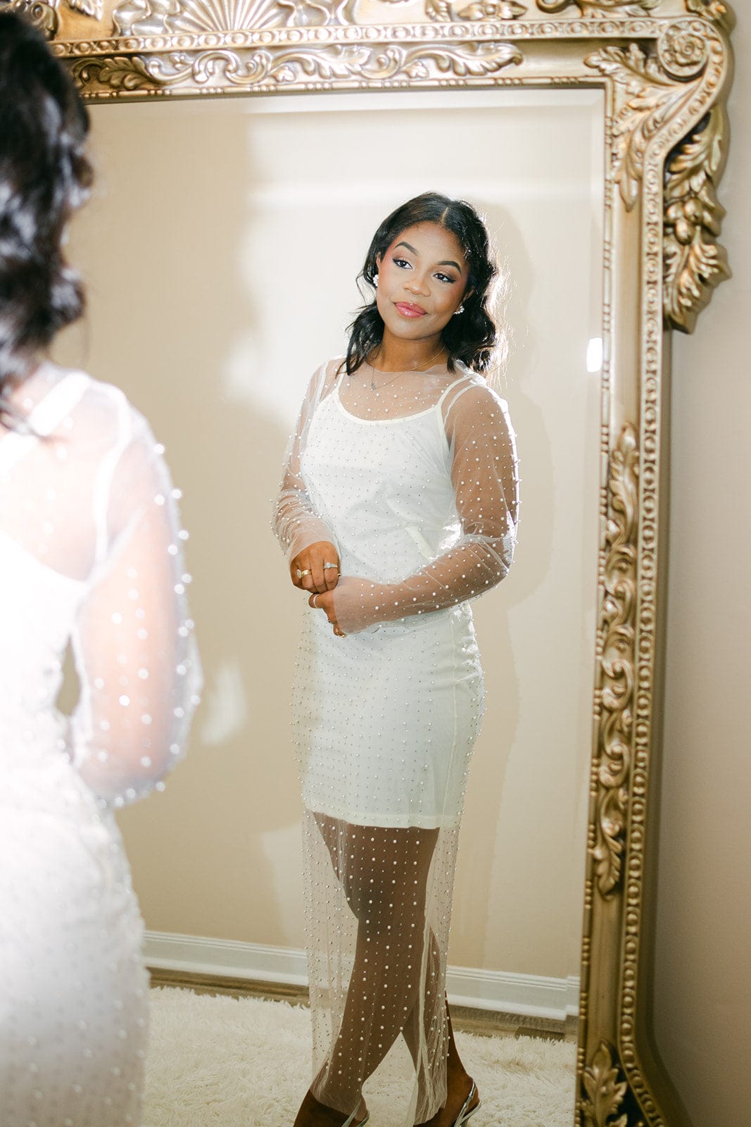 White Mesh Pearl Rhinestone Dress