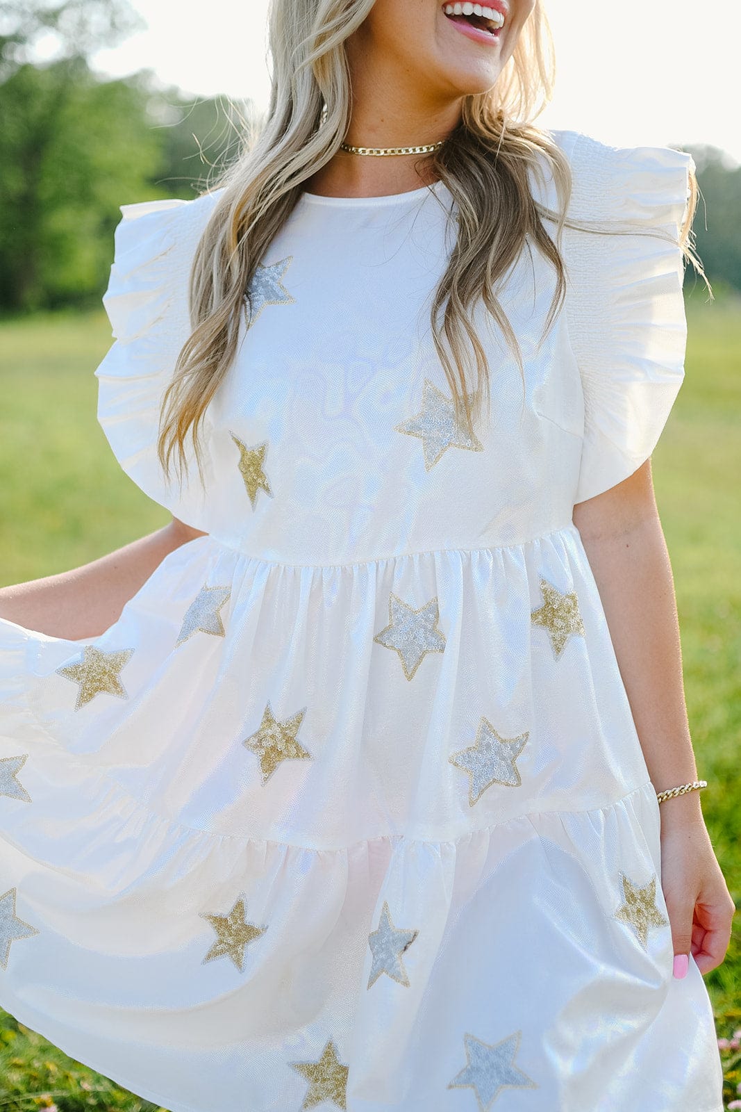 White Sequin Star Patch Dress