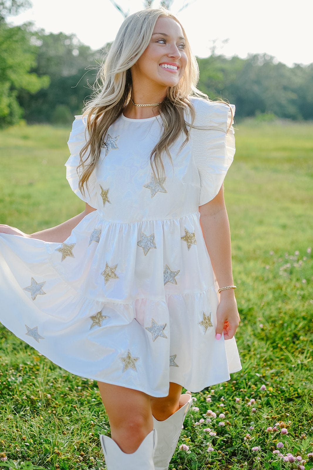 White Sequin Star Patch Dress