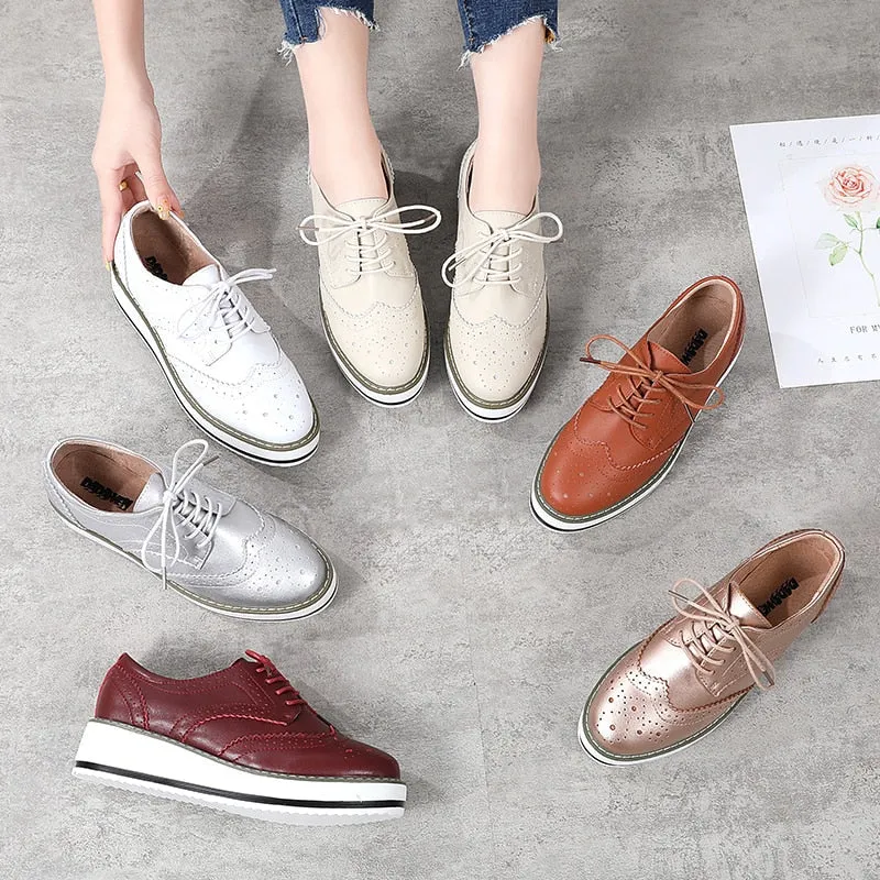 Women's Genuine Leather Leisure Style Pointed Toe Lace-up Shoes